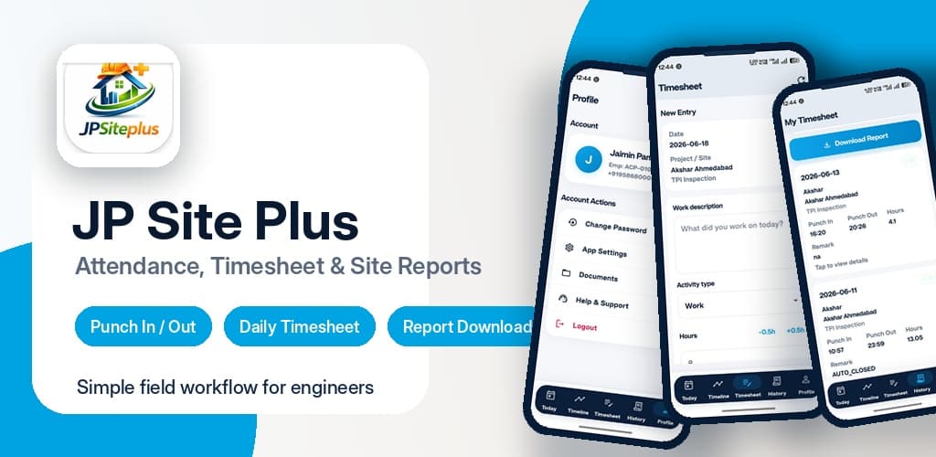 JP SitePlus attendance timesheet and site report app preview